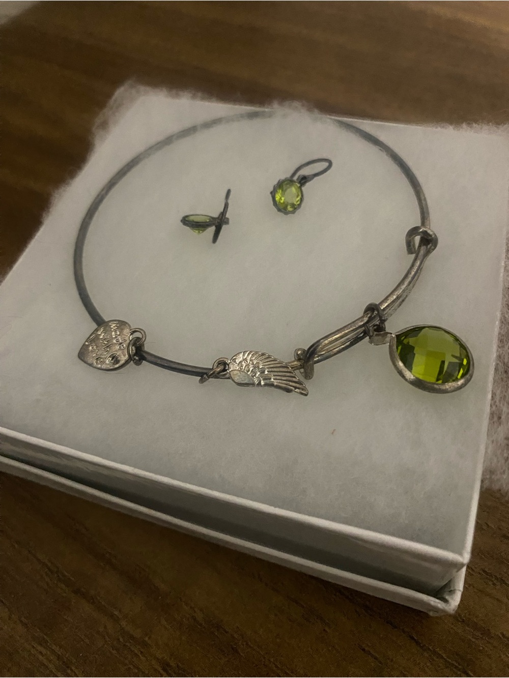 Silver Tone Green Crystal Charm Bangle Bracelet and Earring Set